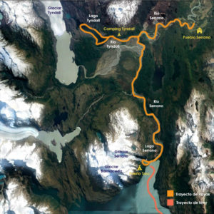 Mapa de excursión de kayak en Glaciar Tyndall